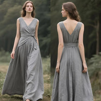 Elegant V Neck Linen Wrap Dress Sleeveless Maxi Dress With Pockets