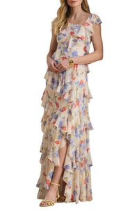 Lauren Ralph Lauren Floral Ruffle Detail Georgette Gown In Creamy