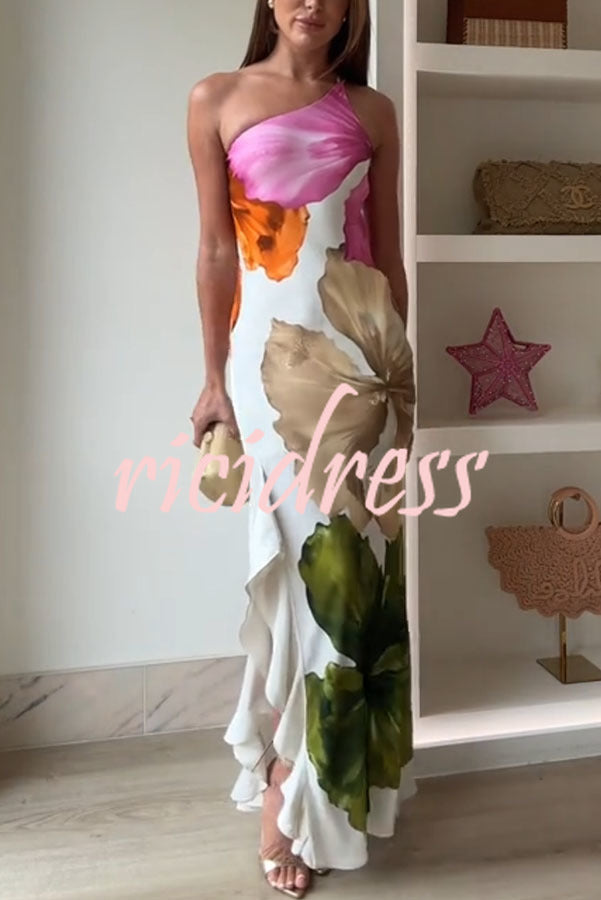Love Filled Floral Print One Shoulder Side Ruffles Maxi Slip Dress