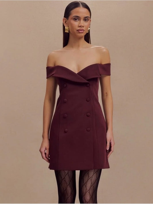 Dress Burgundy Off Shoulder Double Breasted Mini Dress Color: Red