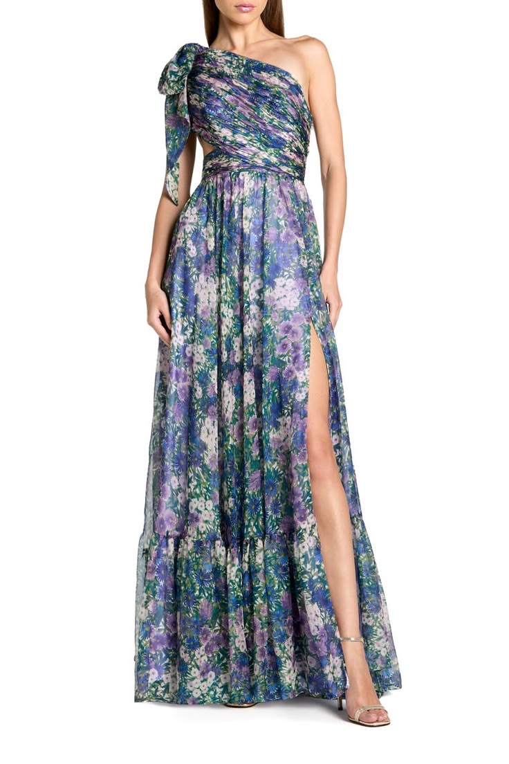 Floral One Shoulder Cutout Chiffon Evening Gown (Women)