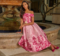 Floral Jacquard Ankle Length Dress With Off The Shoulder Neckline In