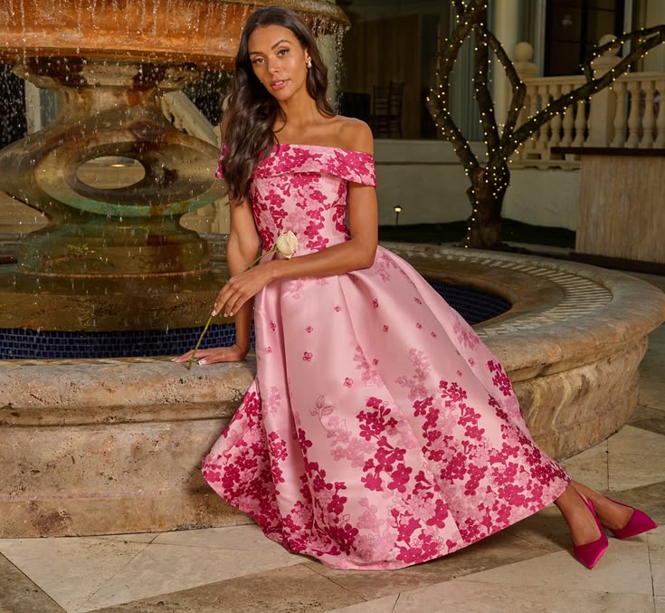 Floral Jacquard Ankle Length Dress With Off The Shoulder Neckline In