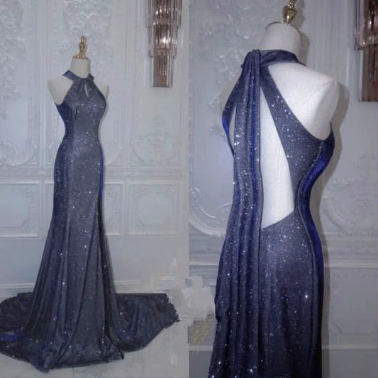 Elegant Mermaid Halter Sequin Navy Blue Long Prom Dress Formal Dress