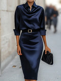 Women's Elegant Satin Midi Dress, Cowl Neck 3 4 Cuffed Sleeve, Belted