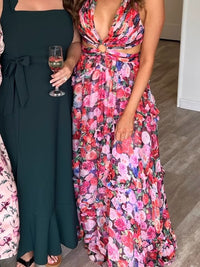 Mac Duggal Dress Mac Duggal Pink Multi Floral Halter Maxi Dress Color: