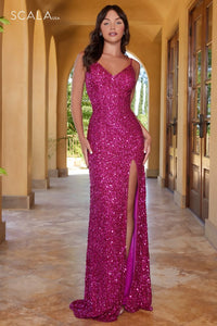 Scala 61347 Long Sequins Prom Dress Magenta