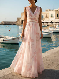 Light Pink Floral Ruched Chiffon V Neck Sleeveless A Line Floor Length