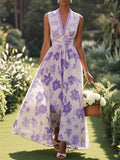 Lavender Purple Floral Chiffon V Neck Sleeveless A Line Maxi Dress