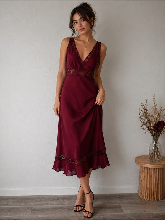 Breakin' Loose Dress Breakin Love Burgundy Midi Dress Lace Trim Slip