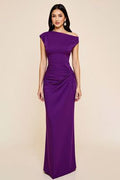 Women Plum Sheath Satin Long Formal Dress Ruched Asymmetrical Short