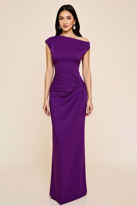 Women Plum Sheath Satin Long Formal Dress Ruched Asymmetrical Short