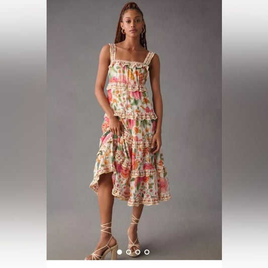 Farm Rio Dress Farm Rio Square Neck Tiered Ruffle Dress Floral Birds