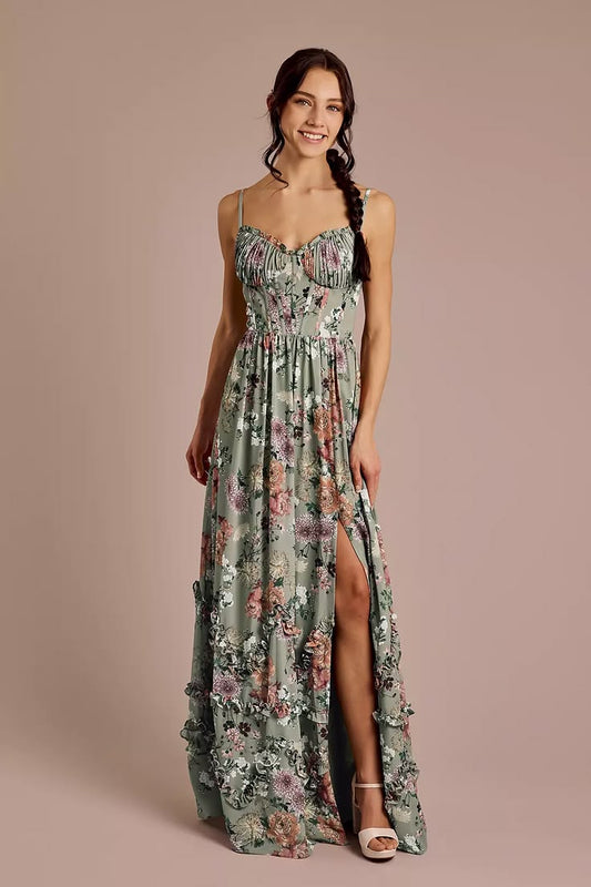 Ruffled Floral Chiffon Spaghetti Strap Dress