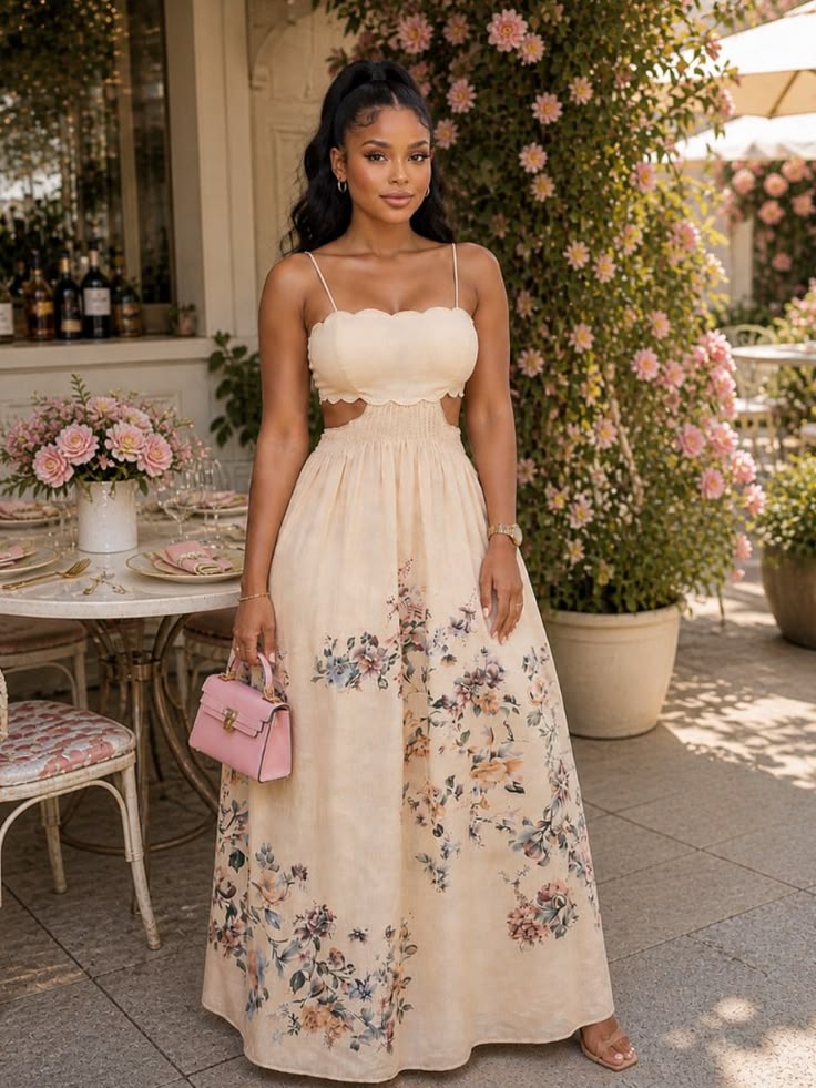 Half Heart Dress Nwt Cream Floral Cutout Maxi Dress With Scallop