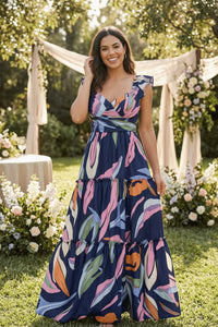 Navy Floral Maxi Wedding Guest Dress for Women Outdoor Events