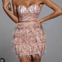 Bella Barnett Dress Pink Sequin Feather Mini Dress Color: Cream Pink