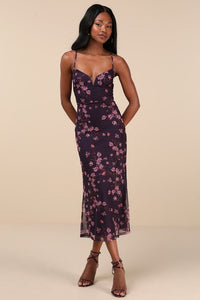 Total Crush Purple Floral Print Mesh Lace Up Midi Dress