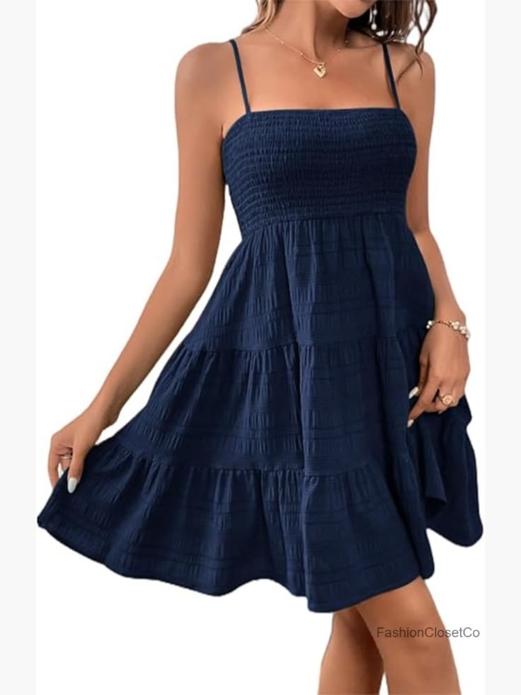 A Line Cami Mini Dress With Ruffle Hem Sleeveless Sundress Color: Blue