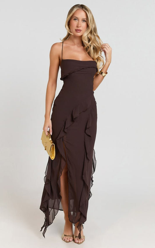 Connie Midi Dress Ruffle Detail Dress In Chocolate