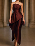 Deep Burgundy Satin Strapless Waist Cinching Maxi Dress Deep Wine