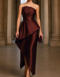 Deep Burgundy Satin Strapless Waist Cinching Maxi Dress Deep Wine