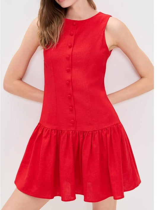 Wayf Dress Drop Waist Red Button Front Mini Dress Color: Red Size: Xl