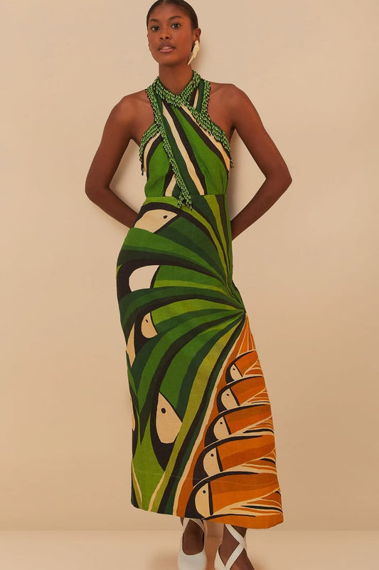 Green toucan tree maxi dress