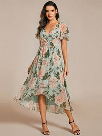Deep V Neck Chiffon Ruffle Sleeve Wedding Guest Dress Light Green