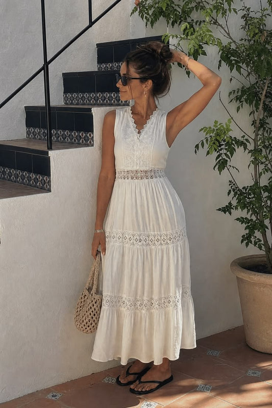 White Lace Maxi Sun Dress For Women Summer Vacation Outfit