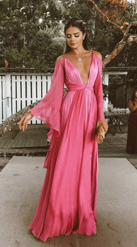 Vintage A Line Straps Pink Long Sleeves Prom Dress