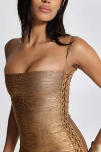 Idol Metallic Bandage Mini Dress In Bronze