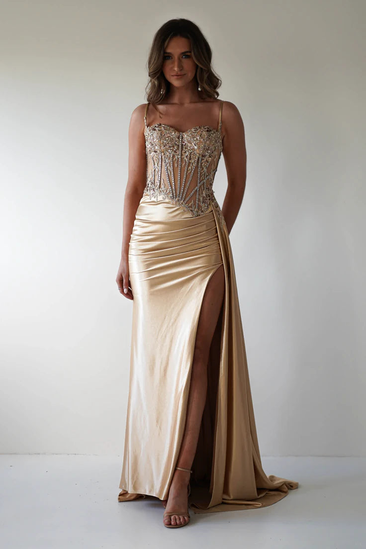 Diva Embellished Corset Gown Gold