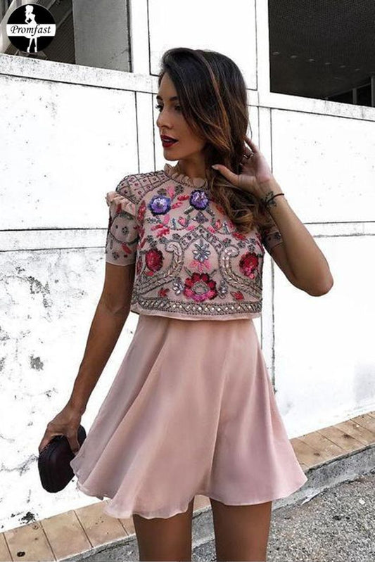 A Line Jewel Short Pink Chiffon Homecoming Party Dress With Sequins