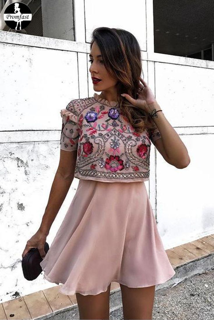 A Line Jewel Short Pink Chiffon Homecoming Party Dress With Sequins