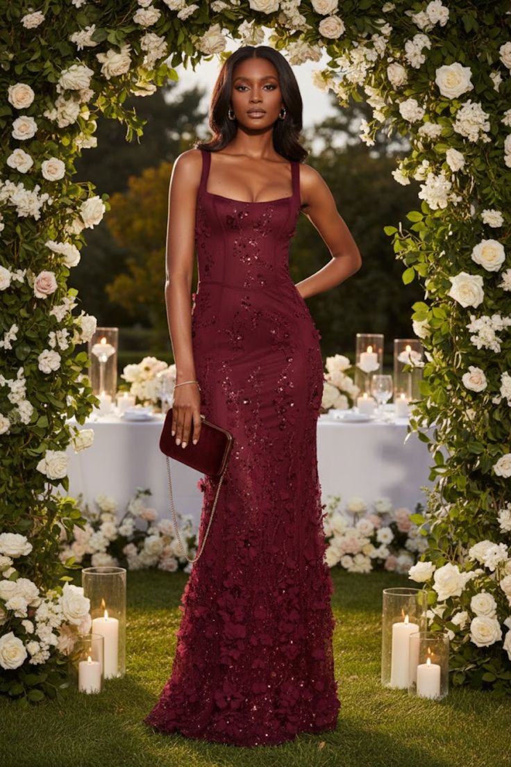 Embellished Applique Soft Scoop Corset Gown In Wine Red