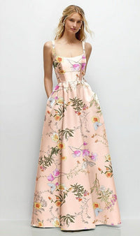 Scoop Neck Inset Corset Floral Satin Maxi Dress With Pockets In