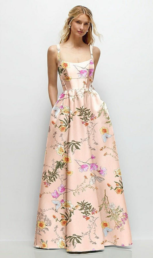 Scoop Neck Inset Corset Floral Satin Maxi Dress With Pockets In