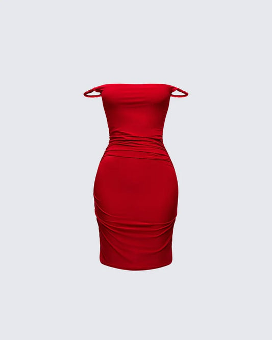 Red Off Shoulder Mini Dress Bodycon Ruched Party