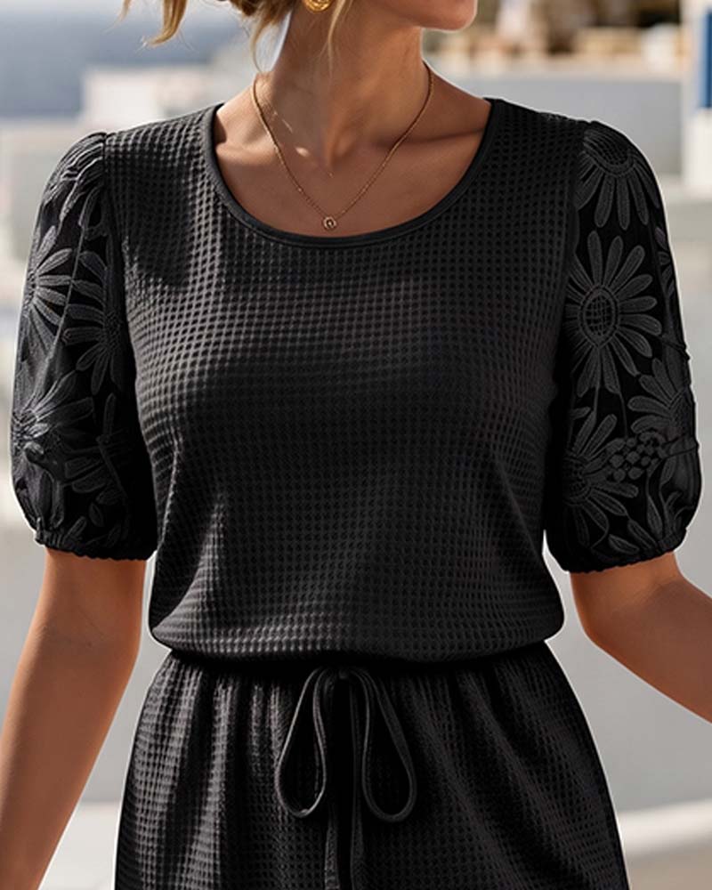 Nixi - Waffle Dress with Puff Sleeves