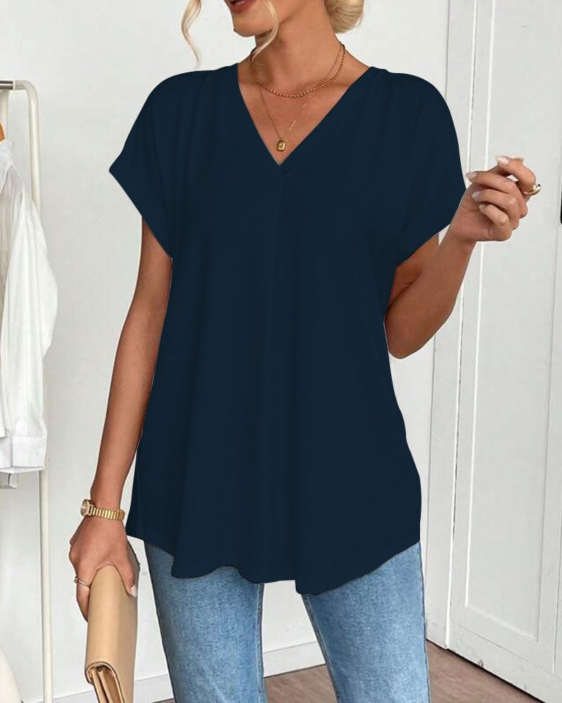 Saffron - Patchwork Back Slimming Cotton V-Neck T-Shirt