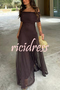 In My Arms Mesh Ruched Strapless Paneled Drape Flare Maxi Dress