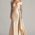 Elegant Off Shoulder Cream Evening Gown Color: Gold Tan Size: 2