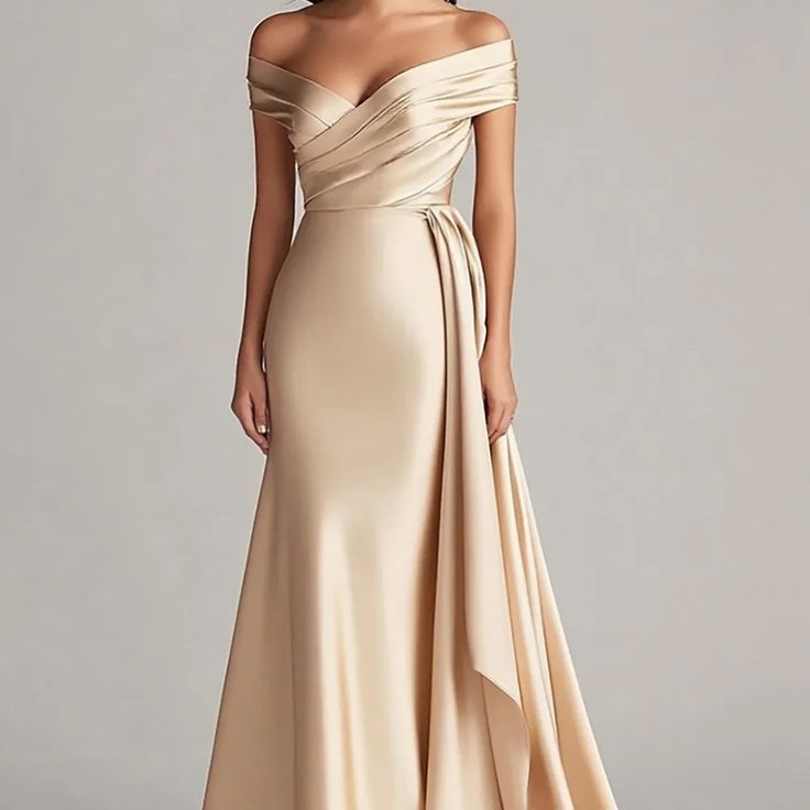 Elegant Off Shoulder Cream Evening Gown Color: Gold Tan Size: 2