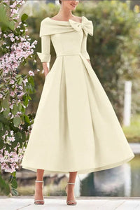 A Line Cowl Neck 3 4 Sleeves Tea Length Elegant Mother Dress Champagne