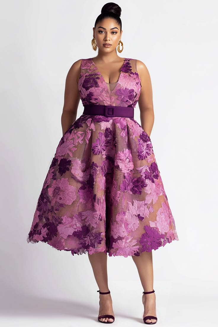Xpluswear Design Plus Size Cocktail Party Purple Floral V Neck Pocket