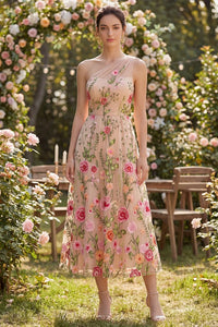 Tull Einschulter A Linie Gesticktes Blumiges Midi Kleid Dress