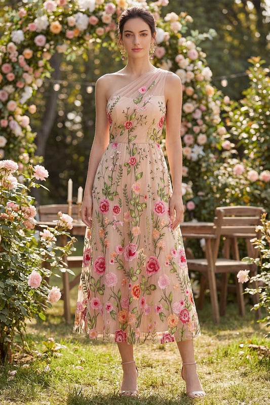 Tull Einschulter A Linie Gesticktes Blumiges Midi Kleid Dress