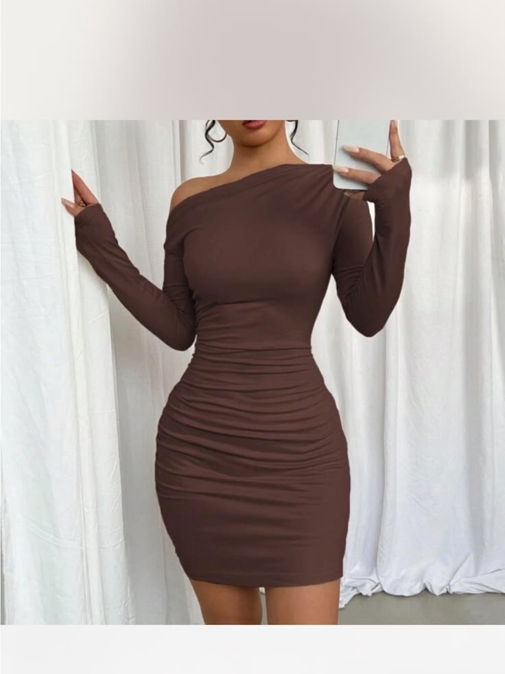 Women's One Shoulder Bodycon Dress In Chocolate Brown Color: Brown