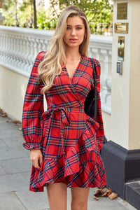 Bessie – Red Plaid Wrap Mini Dress